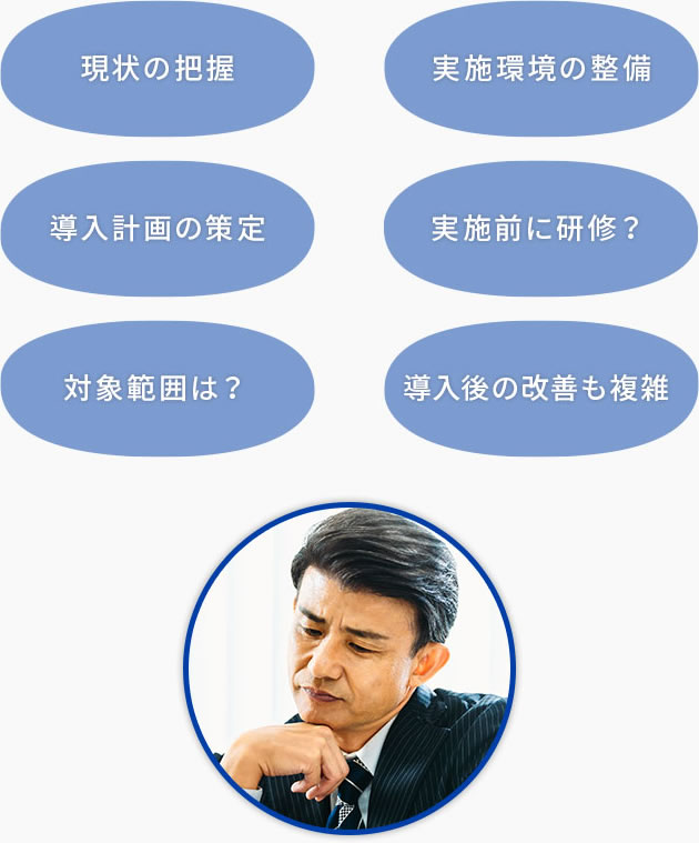 現状の把握|実施環境の整備|導入計画の策定|実施前に研修？|対象範囲は？|導入後の改善も複雑